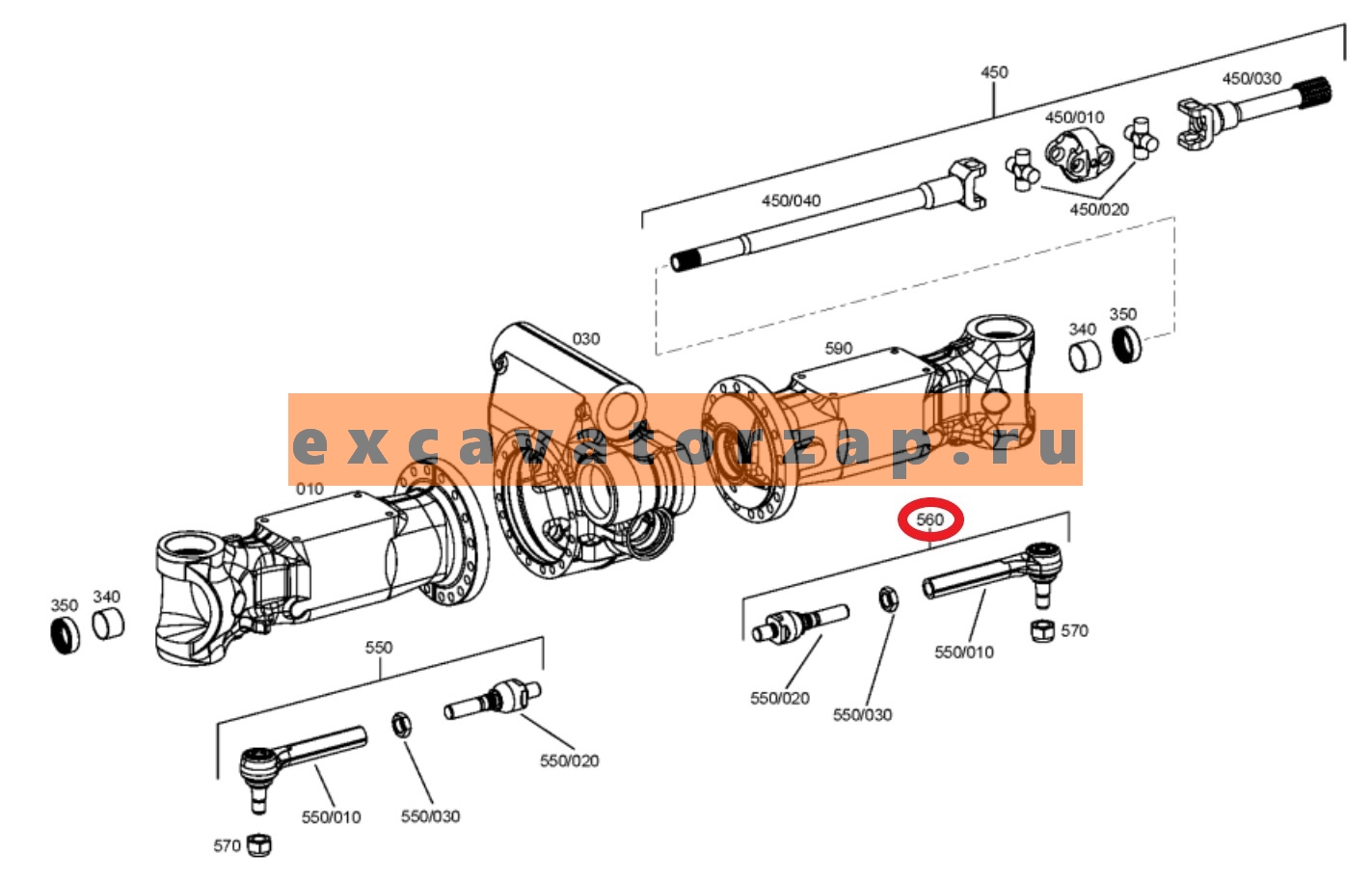 Тяга рулевая в сборе правая ZGAQ-03225 переднего моста экскаватора Hyundai R200W-7, R210W-9, R210W-9S