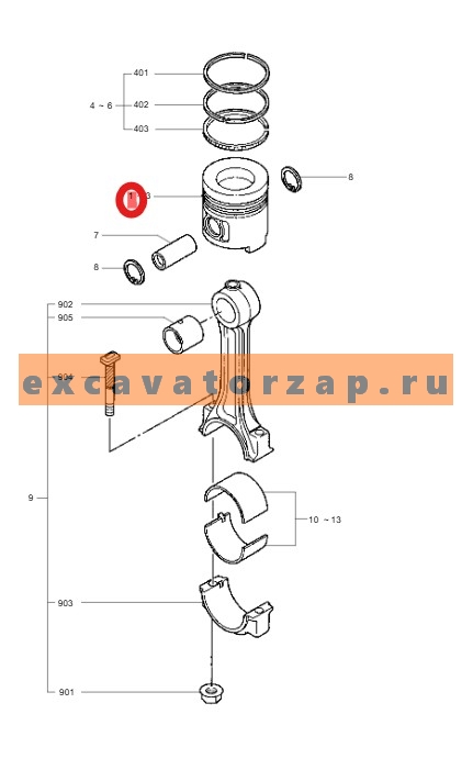 Поршень 32A17-03200 (оригинал, HYUNDAI, +0,25мм) двигателя экскаватора HYUNDAI R160LC7, R160LC9S, R170W7, R170W9S, R180LC7, R180LC9S, R180W9S