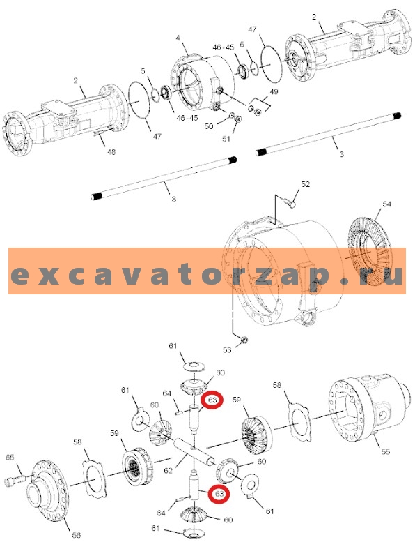 Ось дифференциала 4461.373.049, 4461373049, 4461-373-049 (аналог, Турция) заднего моста экскаватора HYUNDAI R140W9, R140W9A, R140W9S, R170W7, R170W7A, R170W9, R170W9S, R180W9A, R180W9S
