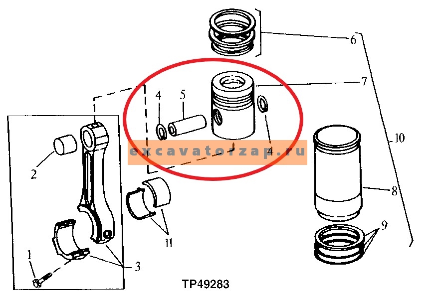 Поршень RE59277 в сборе двигателя экскаватора погрузчика John Deere 315SK, 325J, 325K